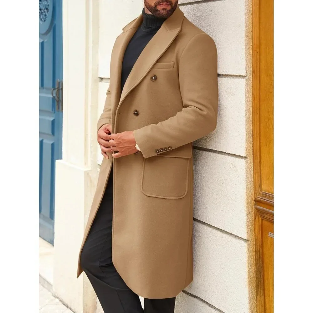 Men's Khaki Wool Blend Casual Trench Coat Notched Collar Lapel Breasted Coat